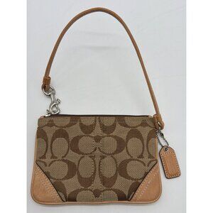 Coach Signature Brown & Tan Canvas Leather Wristlet With Zipper Closure & Detach